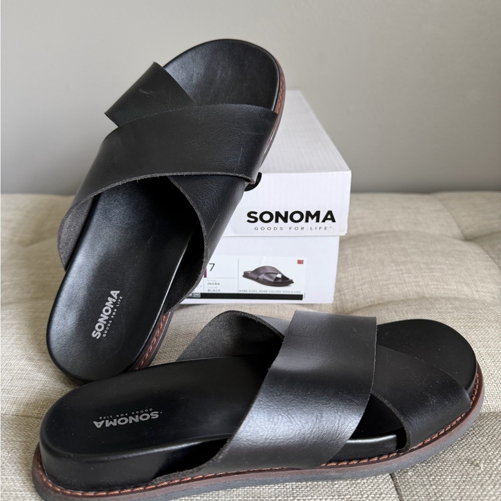 SONOMA Black Crisscross Slide Sandals with Brown Trim